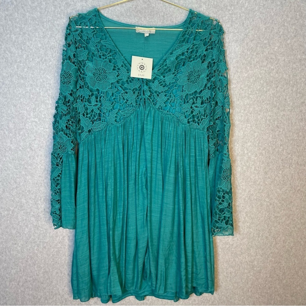 J Gee Babydoll Teal Lace Detail Long Sleeve Dress